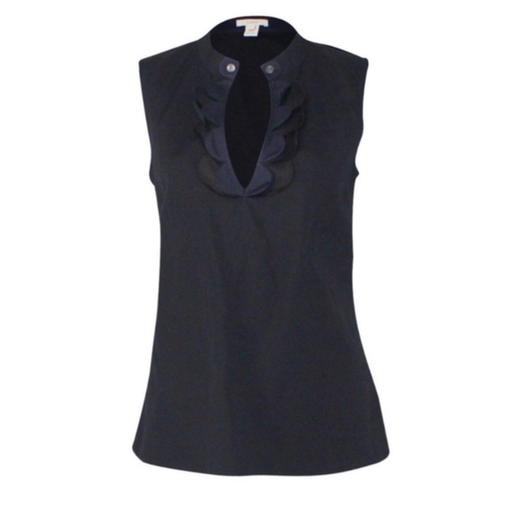 J. Crew Broadcloth Navy and Black Scalloped Sleeveless Blouse, Size 2